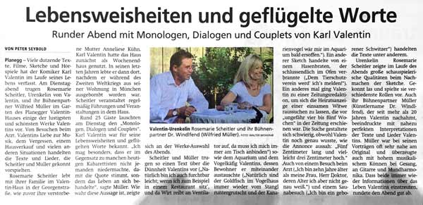 Artikel im Münchner Merkur zu einer Lesung vom Rosemarie Scheitler-Vielhuber und Wilfried vom Ammersee im Garten des Karl Valentin Hauses in Planegg